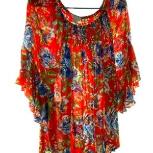 Floral Blouse - Orange, Green and Blue